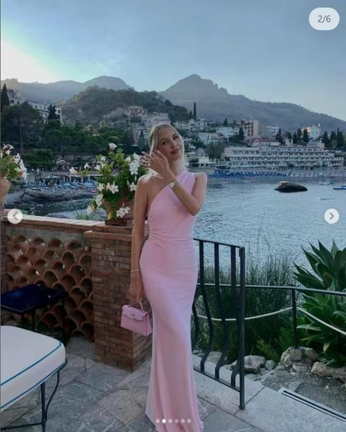 One Shoulder Pink Satin Maxi Dress H6650