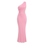 One Shoulder Pink Satin Maxi Dress H6650