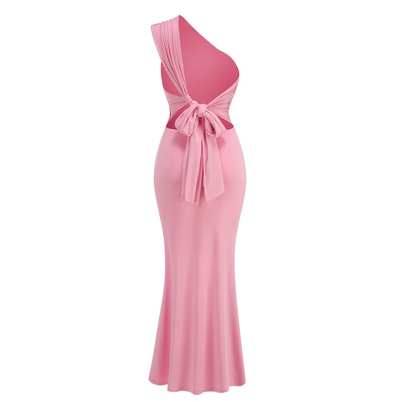 One Shoulder Pink Satin Maxi Dress H6650