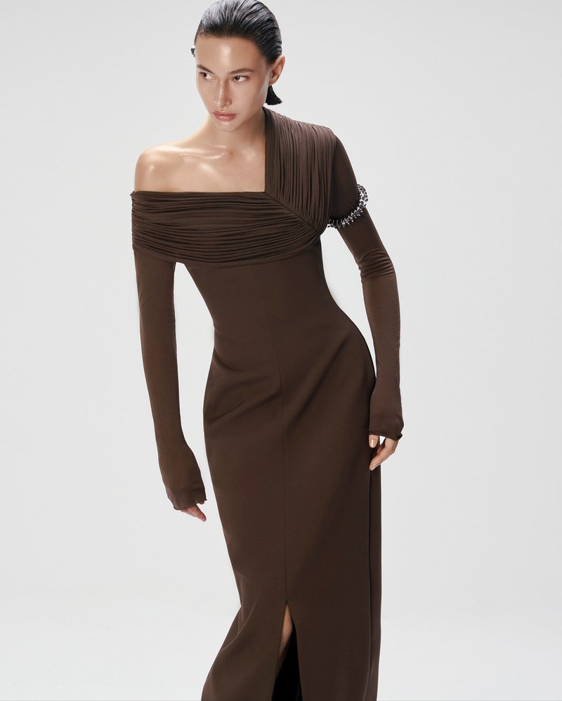 One Shoulder Pleated Gown H7133