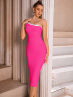 One Shoulder Rhinestone Bandage Midi Dress H6140
