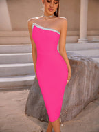 One Shoulder Rhinestone Bandage Midi Dress H6140