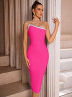 One Shoulder Rhinestone Bandage Midi Dress H6140
