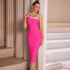 One Shoulder Rhinestone Bandage Midi Dress H6140