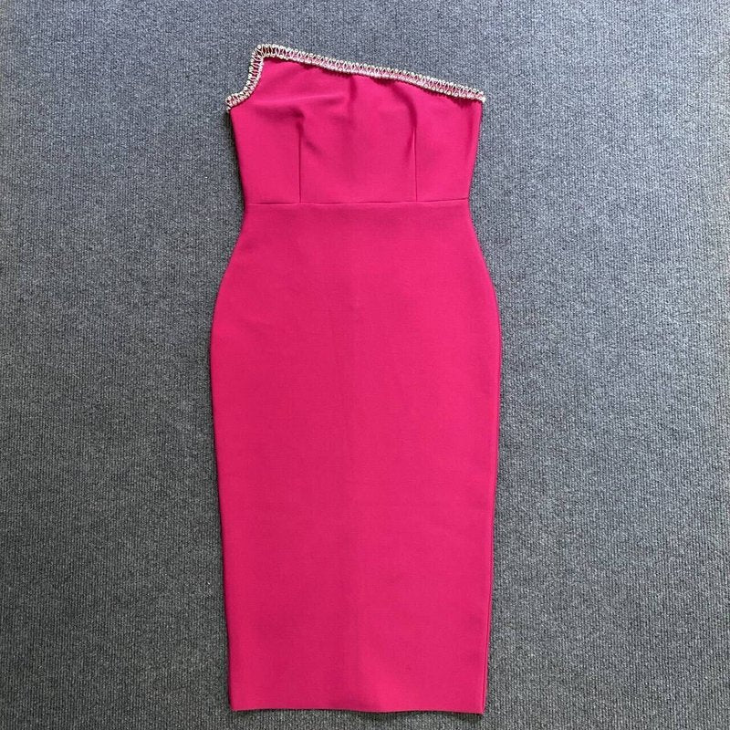 One Shoulder Rhinestone Bandage Midi Dress H6140