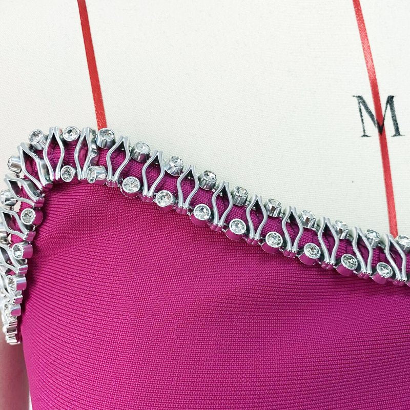 One Shoulder Rhinestone Bandage Midi Dress H6140