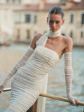 One Shoulder Ruched Gown with Long Gloves H5717