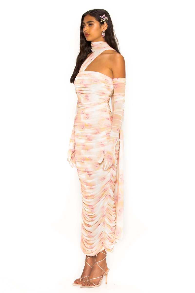 One Shoulder Ruched Gown with Long Gloves H5717