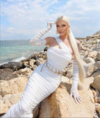 One Shoulder Ruched Gown with Long Gloves H5717