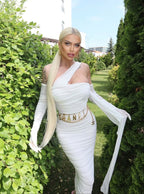 One Shoulder Ruched Gown with Long Gloves H5717