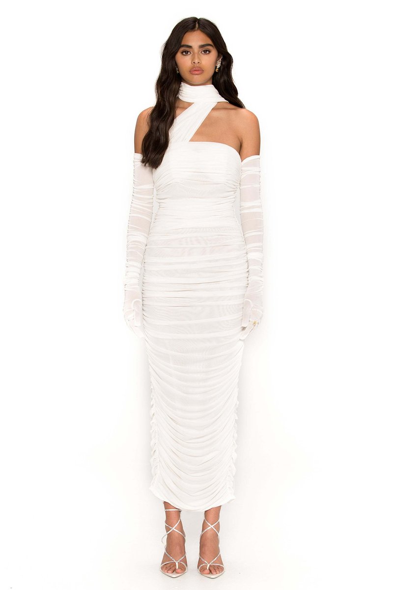 One Shoulder Ruched Gown with Long Gloves H5717