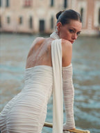 One Shoulder Ruched Gown with Long Gloves H5717