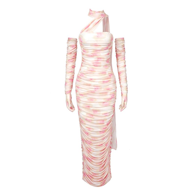 One Shoulder Ruched Gown with Long Gloves H5717