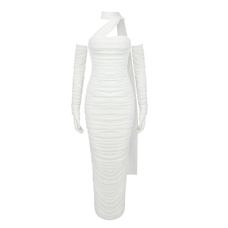 One Shoulder Ruched Gown with Long Gloves H5717