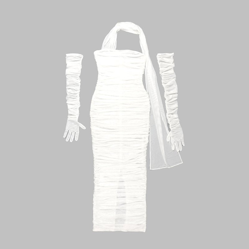 One Shoulder Ruched Gown with Long Gloves H5717