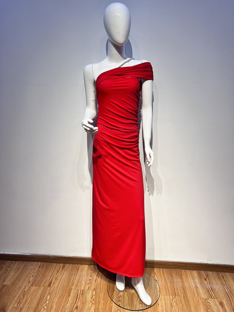 One Shoulder Ruched Red Maxi Dress H6345