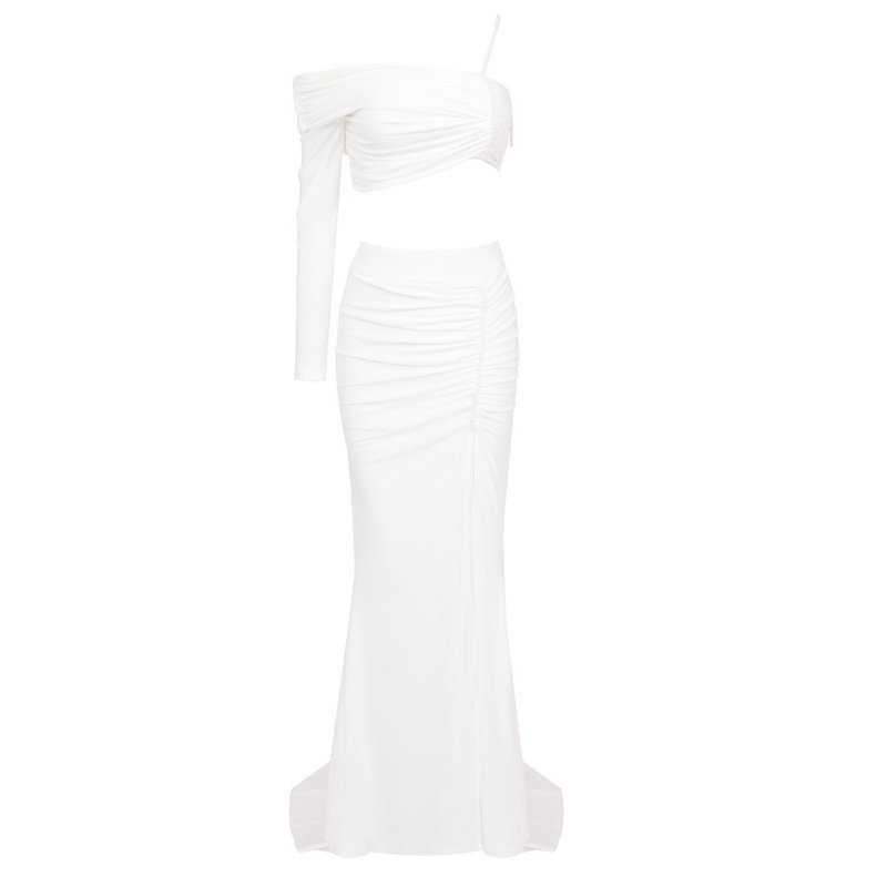 One Shoulder Ruched White Gown H6179