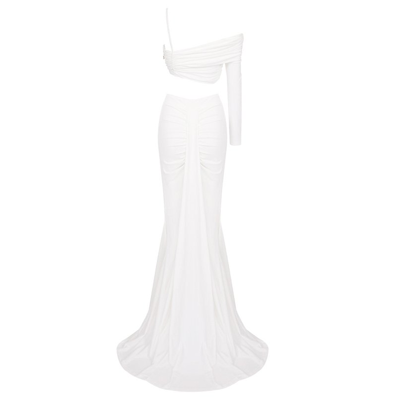 One Shoulder Ruched White Gown H6179