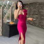 One Shoulder Ruffle Bandage Midi Dress H6151