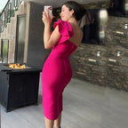 One Shoulder Ruffle Bandage Midi Dress H6151