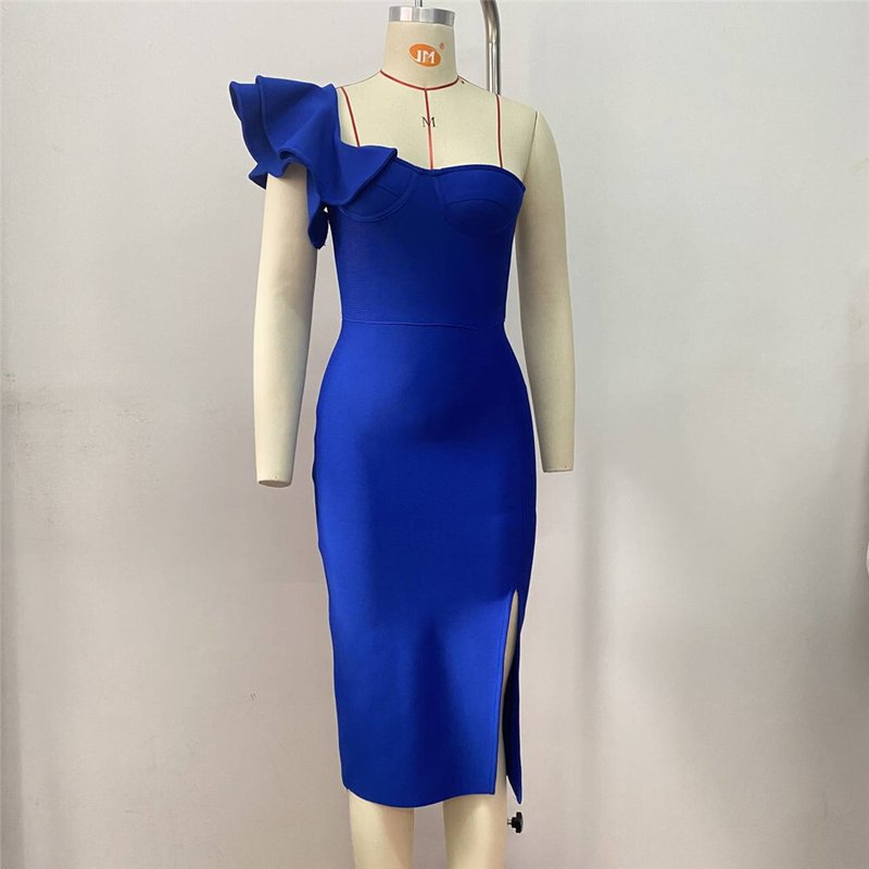 One Shoulder Ruffle Bandage Midi Dress H6151