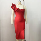 One Shoulder Ruffle Bandage Midi Dress H6151