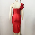 One Shoulder Ruffle Bandage Midi Dress H6151