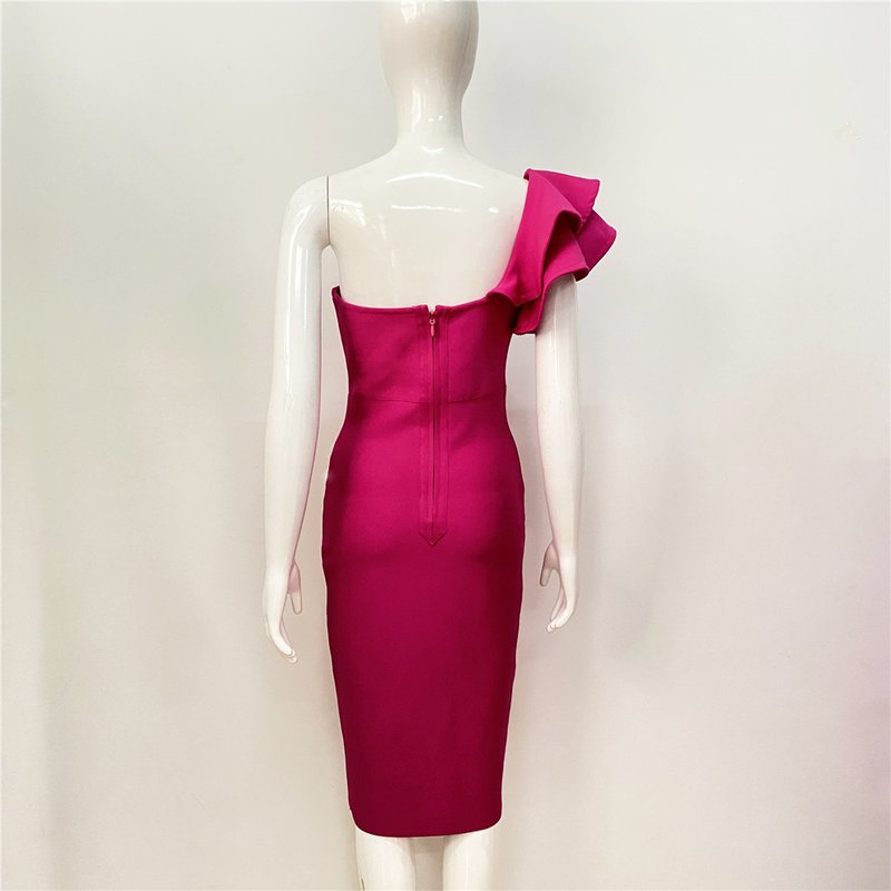 One Shoulder Ruffle Bandage Midi Dress H6151