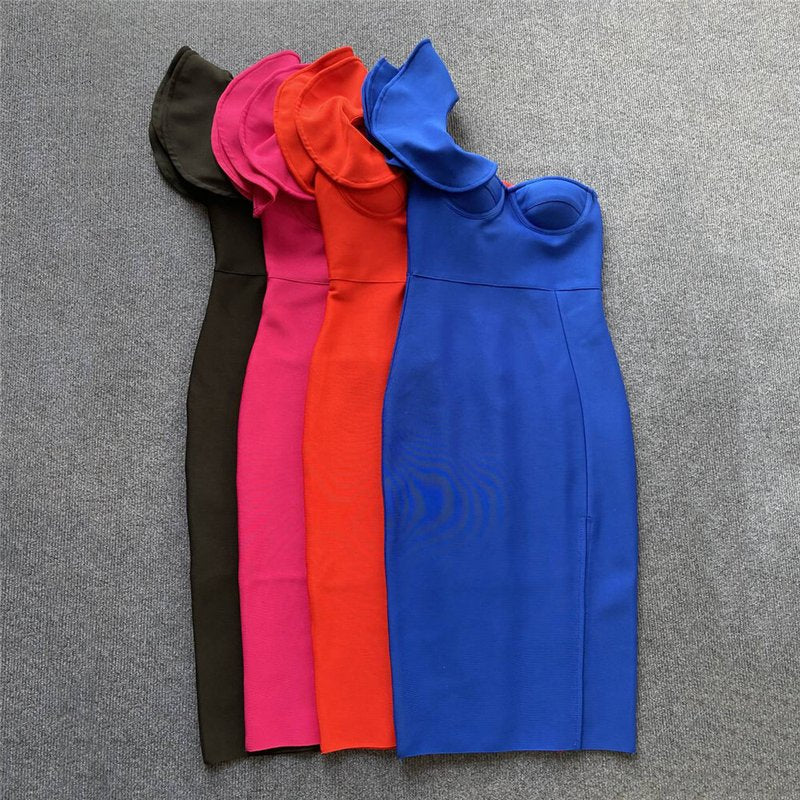 One Shoulder Ruffle Bandage Midi Dress H6151