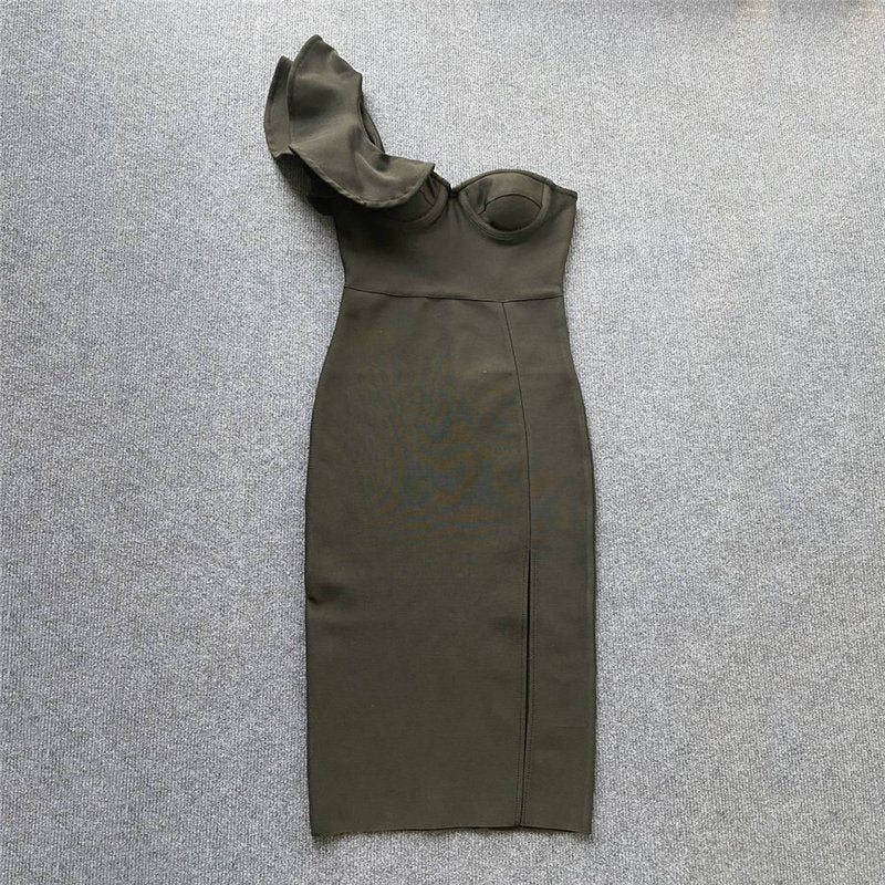 One Shoulder Ruffle Bandage Midi Dress H6151