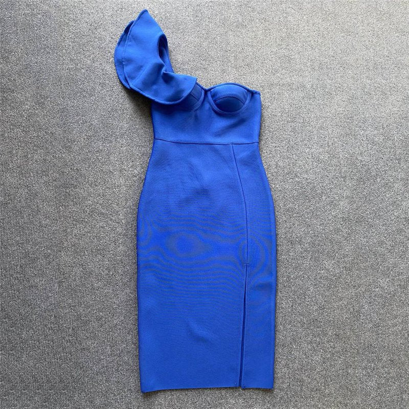 One Shoulder Ruffle Bandage Midi Dress H6151