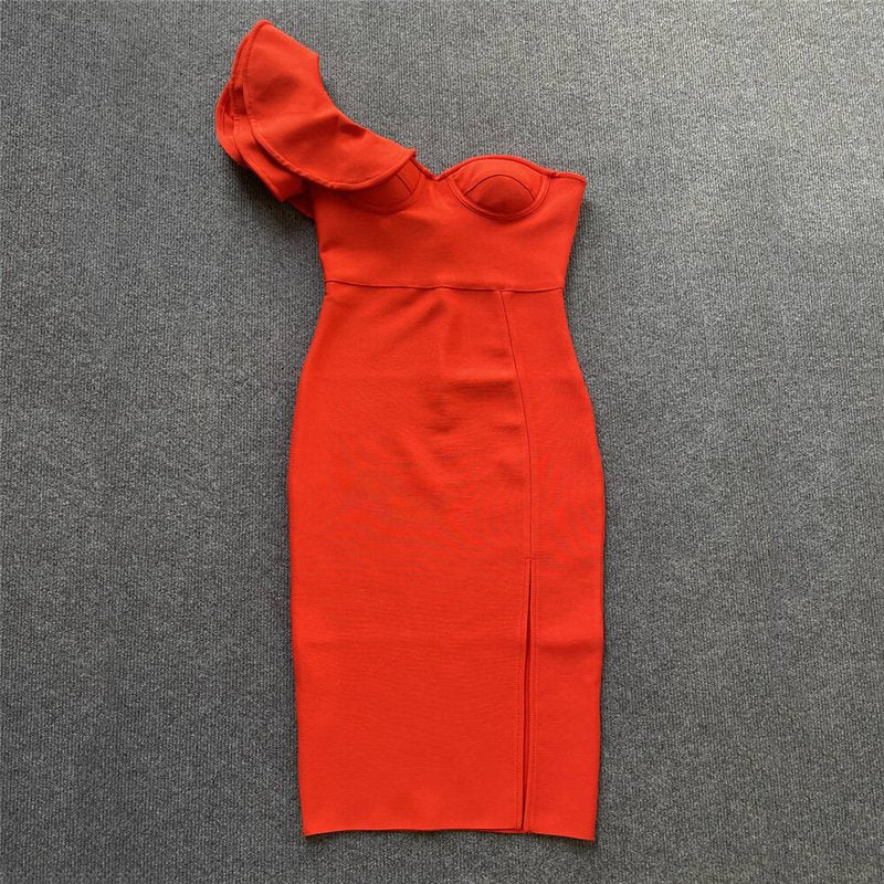 One Shoulder Ruffle Bandage Midi Dress H6151