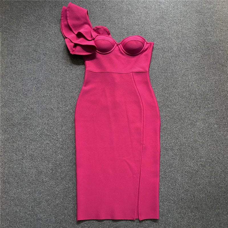 One Shoulder Ruffle Bandage Midi Dress H6151