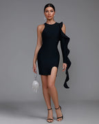 One Shoulder Ruffle Black Mini Dress H6026