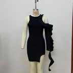 One Shoulder Ruffle Black Mini Dress H6026