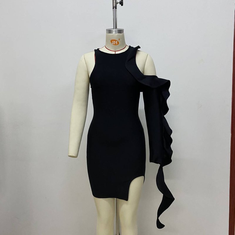 One Shoulder Ruffle Black Mini Dress H6026