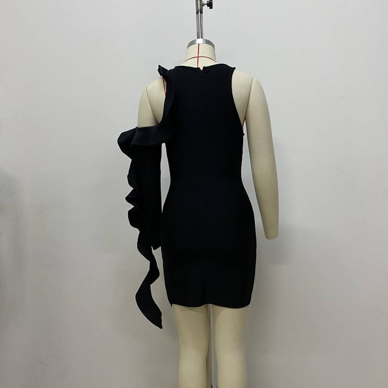 One Shoulder Ruffle Black Mini Dress H6026
