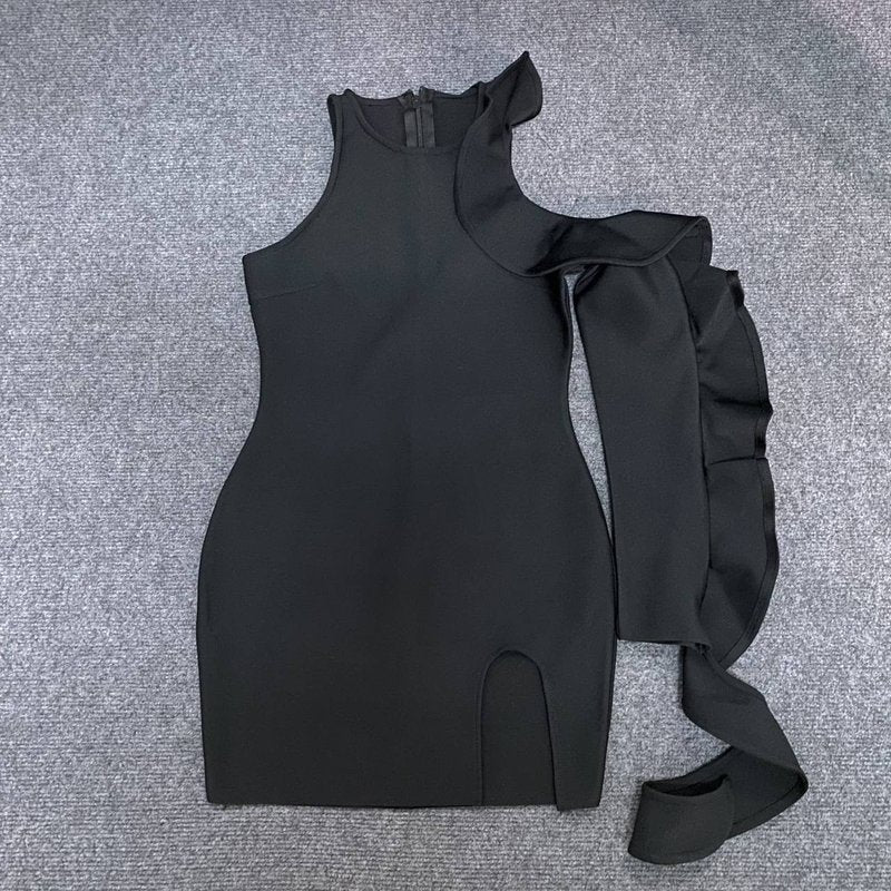 One Shoulder Ruffle Black Mini Dress H6026