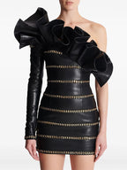 One Shoulder Ruffle Leather Mini Dress H7045