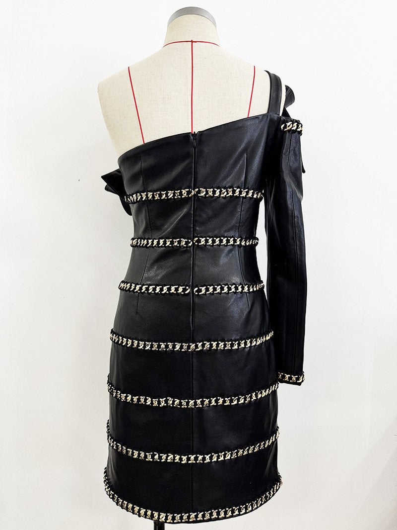 One Shoulder Ruffle Leather Mini Dress H7045