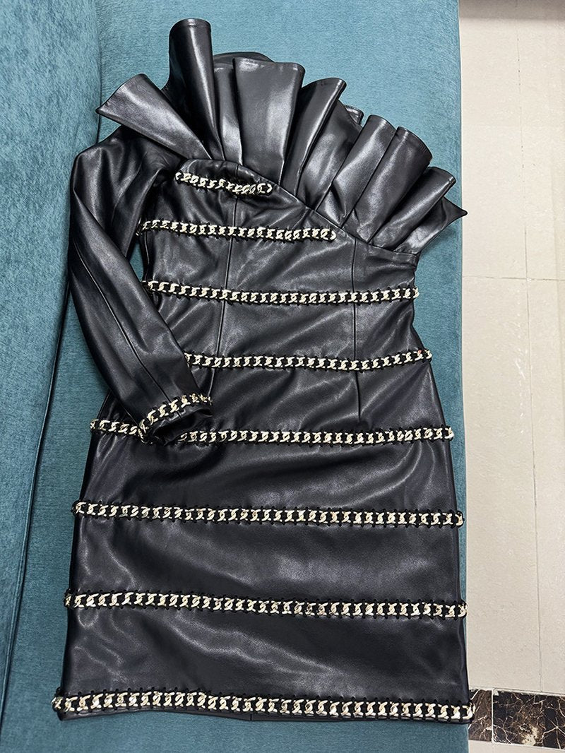One Shoulder Ruffle Leather Mini Dress H7045