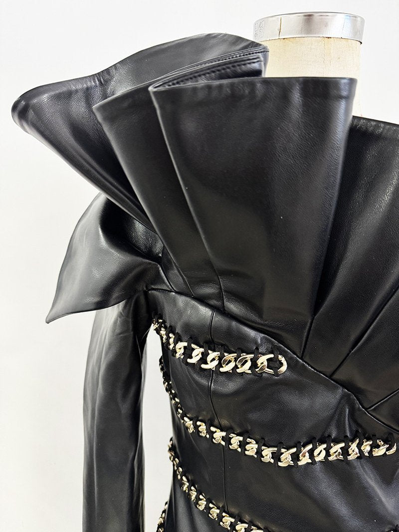 One Shoulder Ruffle Leather Mini Dress H7045
