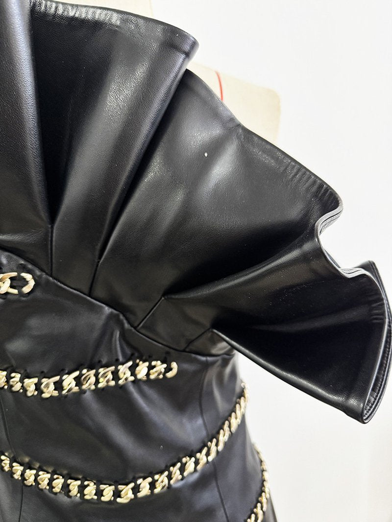 One Shoulder Ruffle Leather Mini Dress H7045