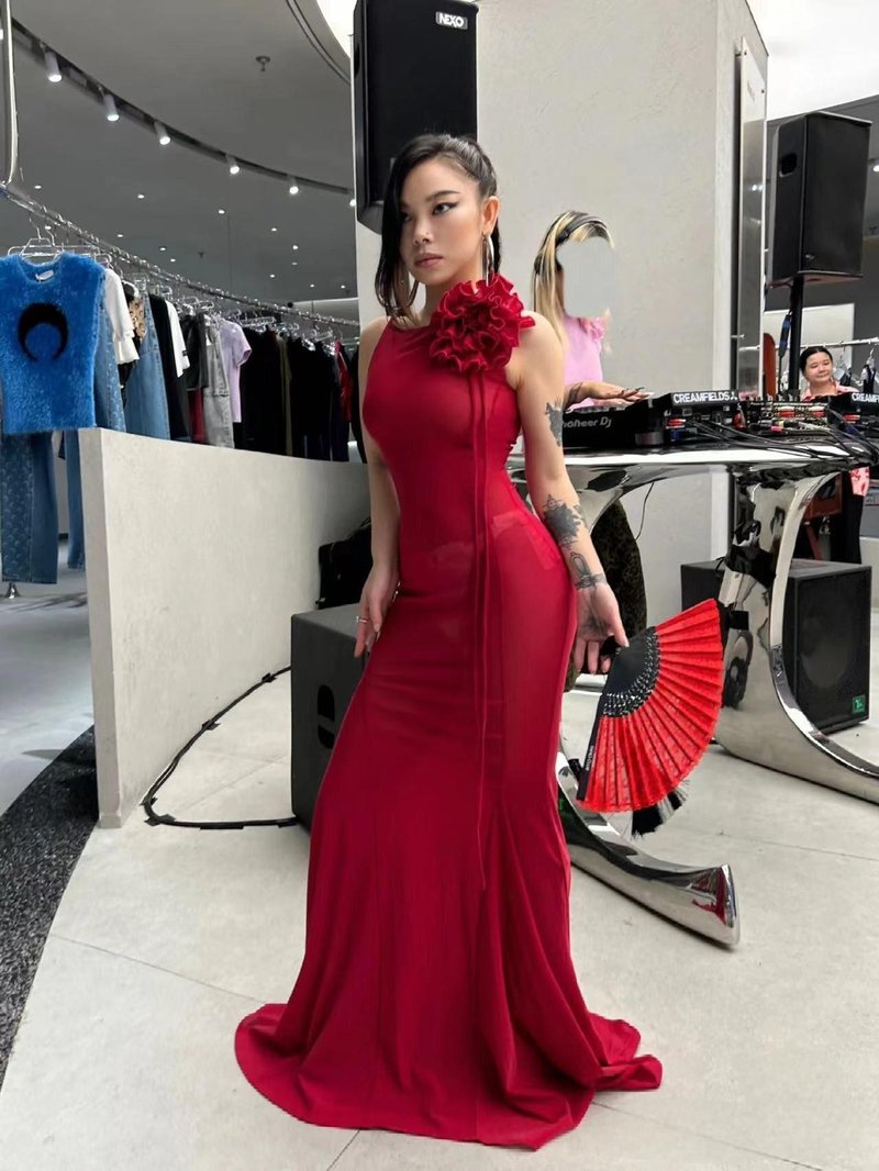 One Shoulder Ruffle Red Gown H6681