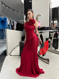 One Shoulder Ruffle Red Gown H6681