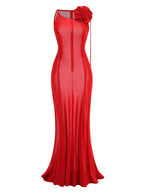 One Shoulder Ruffle Red Gown H6681