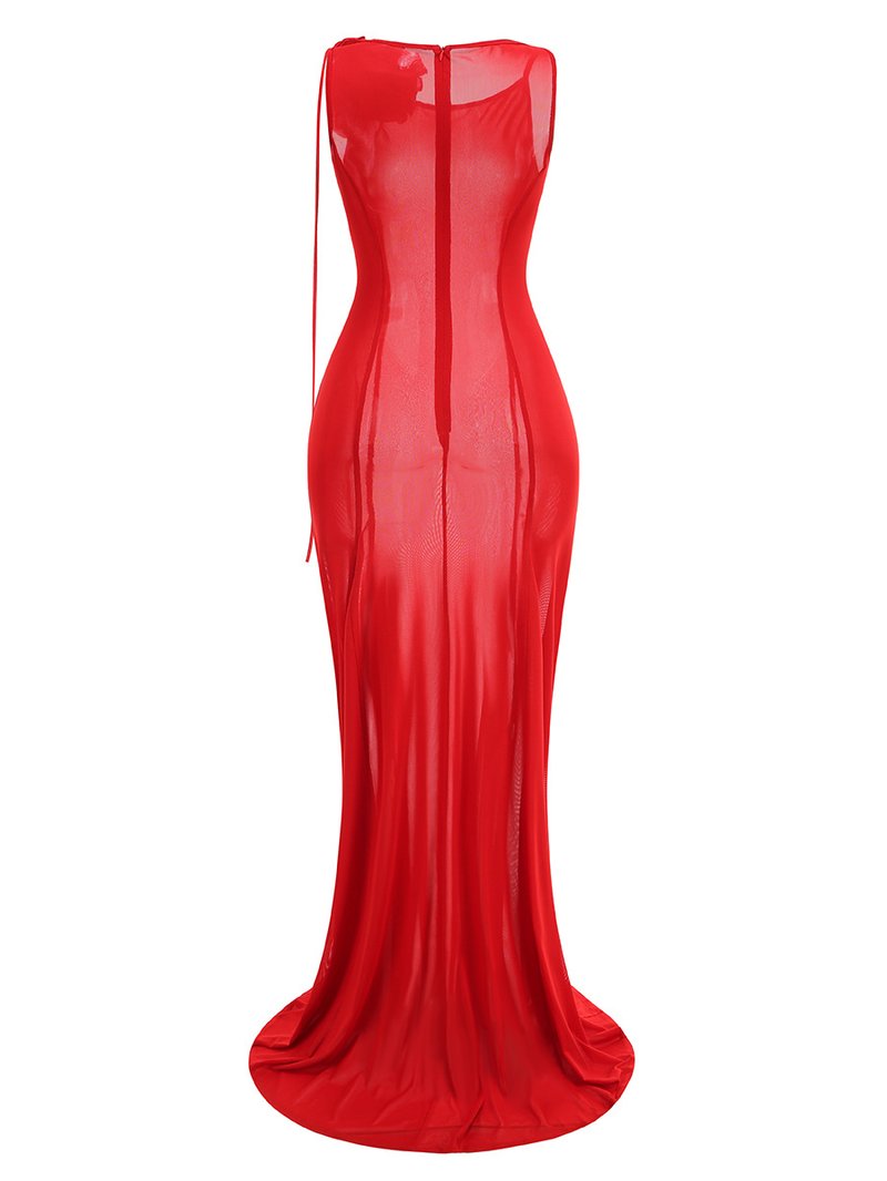 One Shoulder Ruffle Red Gown H6681