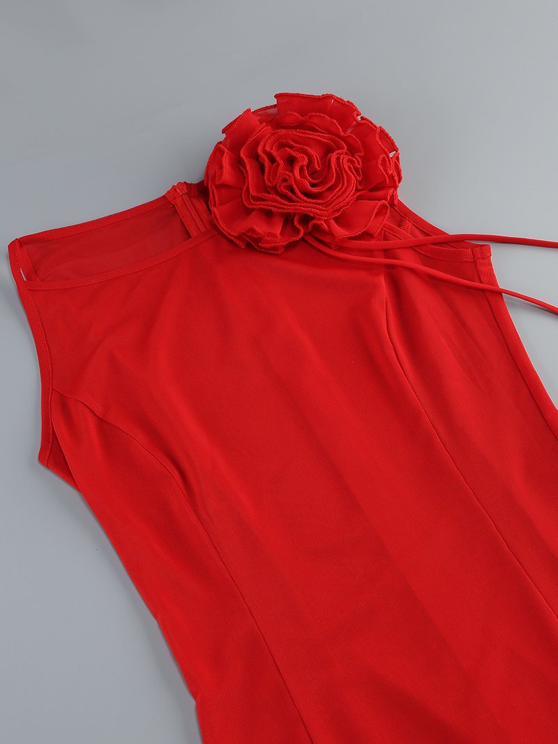One Shoulder Ruffle Red Gown H6681