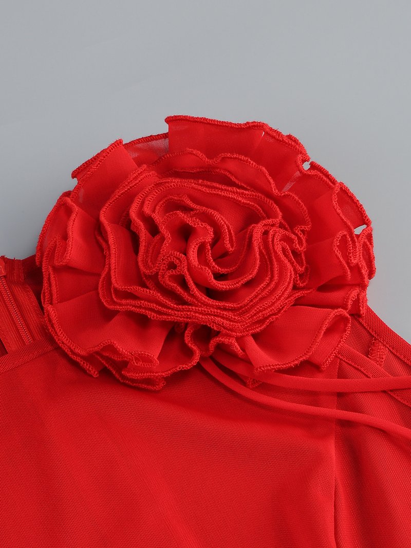 One Shoulder Ruffle Red Gown H6681