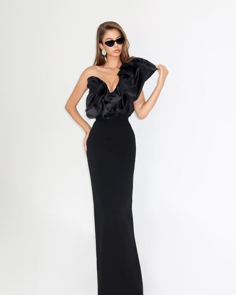 One Shoulder Ruffle Satin Gown H6530